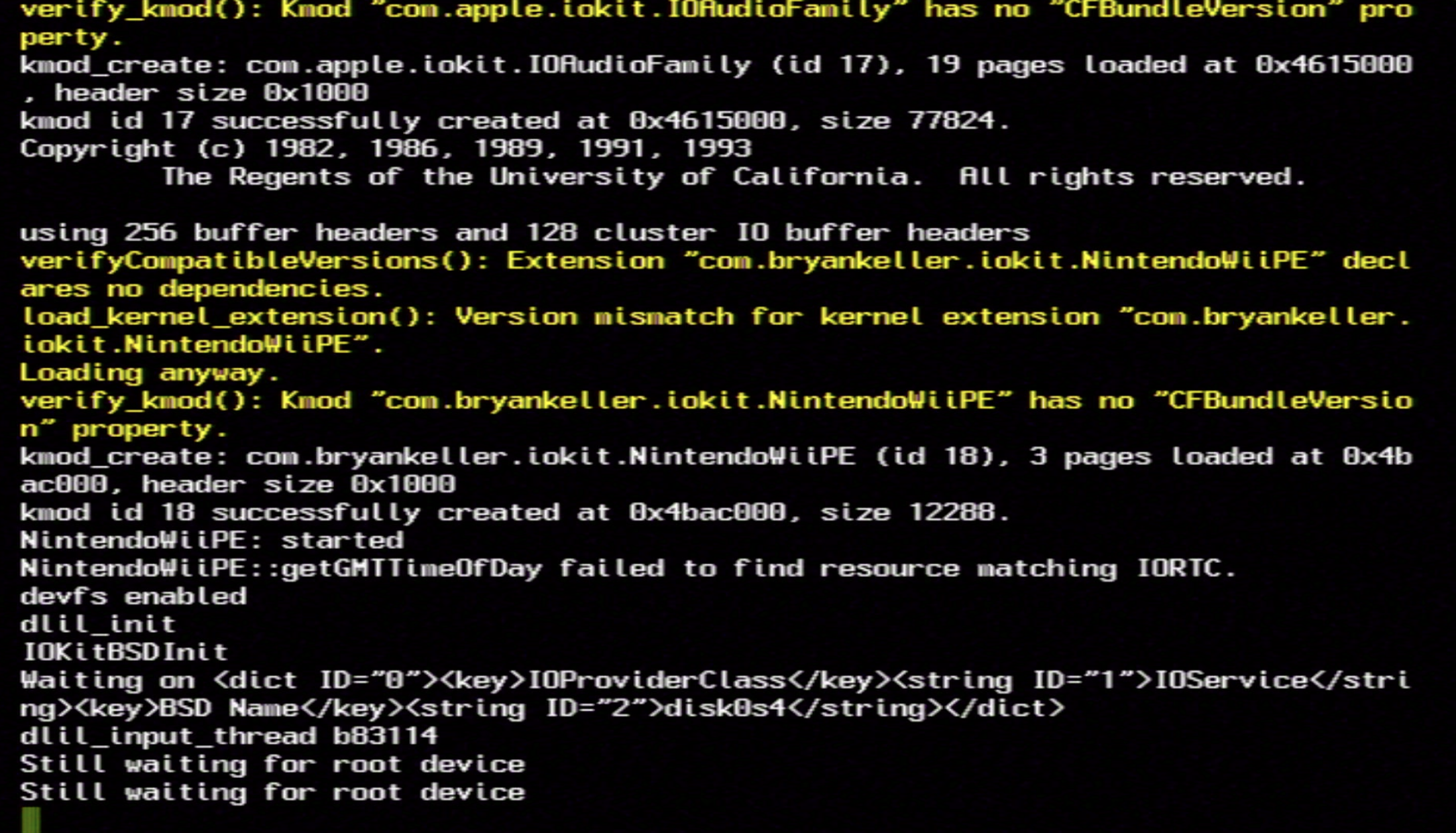 Verbose boot logs, ending with Still waiting for root device